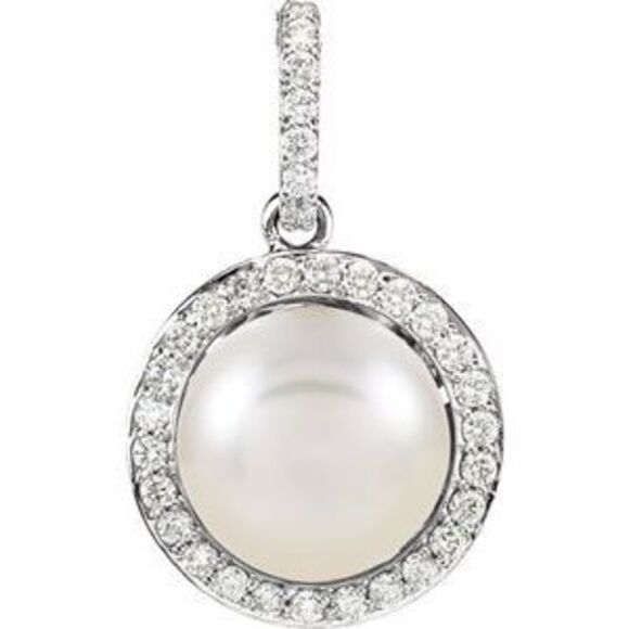 14K White Cultured White Freshwater Pearl & 1/3 CTW Natural Diamond Pendant
